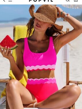 Popvil Pink Scallop-Trim High-Waist Bikini Set